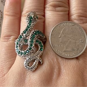 🐍 Slivertone Snake Earrings & Ring 6 Green CZ